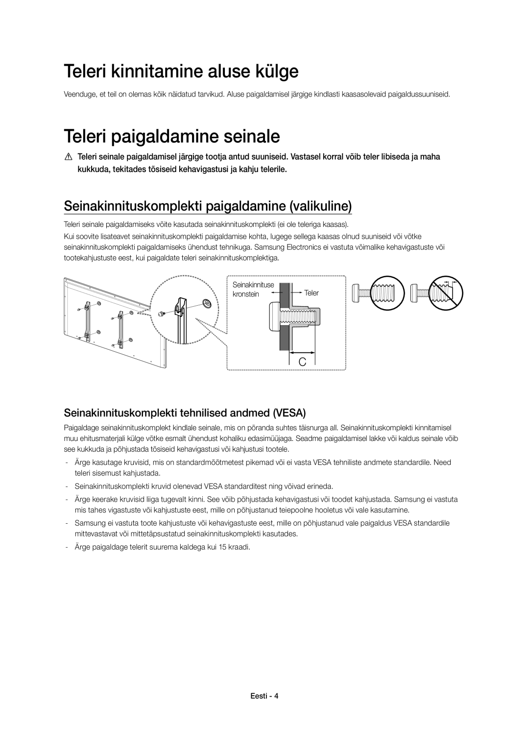 Samsung UE48H6640STXXH, UE55H6700SLXXH, UE48H6670SLXXH manual Teleri kinnitamine aluse külge, Teleri paigaldamine seinale 