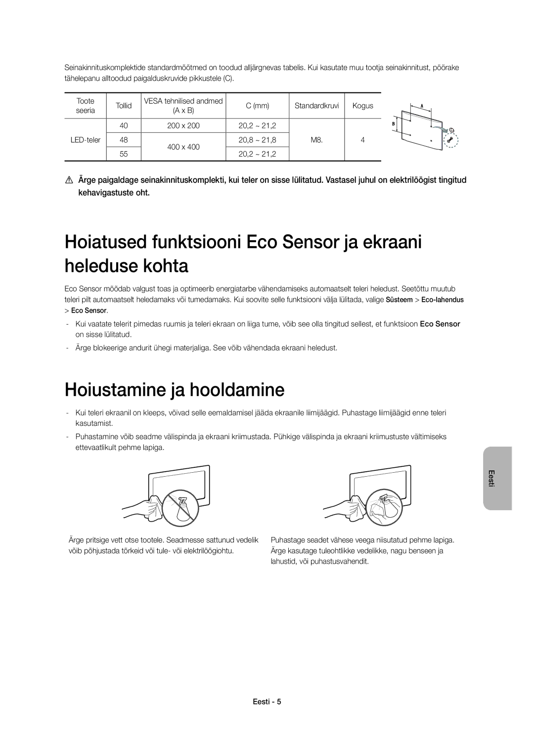 Samsung UE48H6500STXXU manual Hoiatused funktsiooni Eco Sensor ja ekraani heleduse kohta, Hoiustamine ja hooldamine 