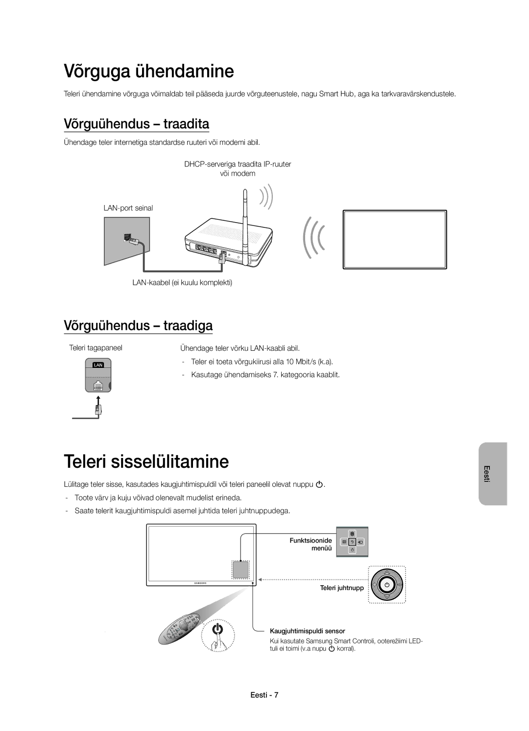 Samsung UE55H6650SLXXN manual Võrguga ühendamine, Teleri sisselülitamine, Võrguühendus traadita, Võrguühendus traadiga 