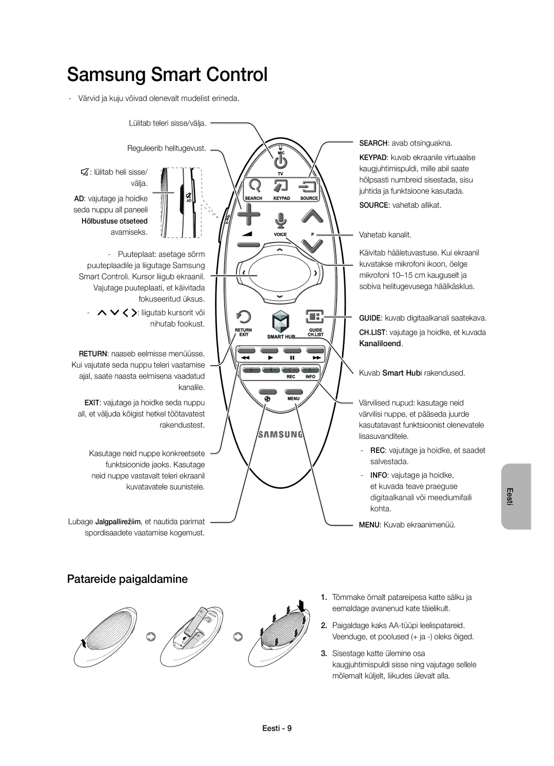 Samsung UE48H6670SLXXN manual Patareide paigaldamine, Search avab otsinguakna, Source vahetab allikat Vahetab kanalit 