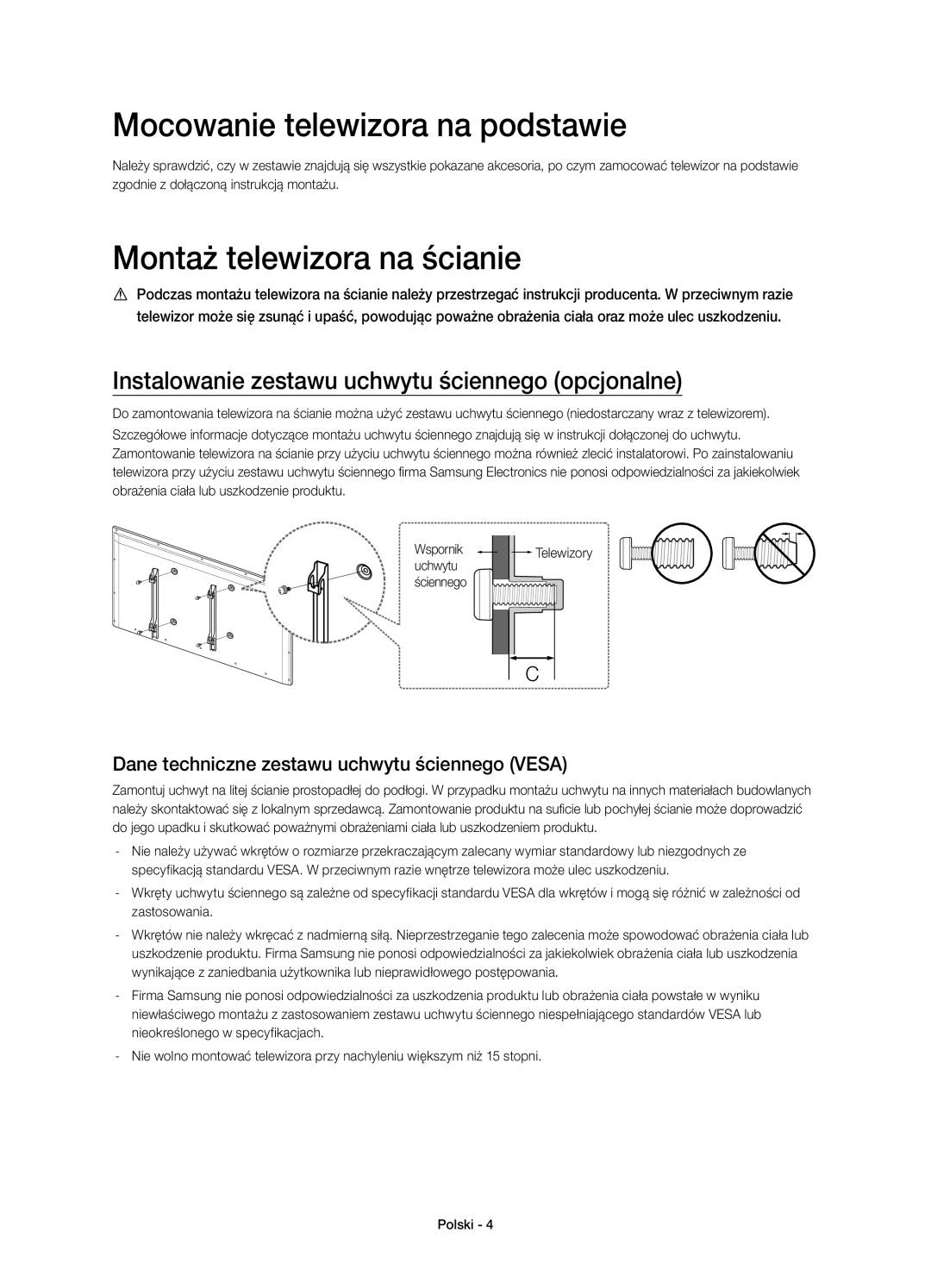 Samsung UE55H6640SLXXC, UE55H6700SLXXH, UE48H6670SLXXH manual Mocowanie telewizora na podstawie, Montaż telewizora na ścianie 