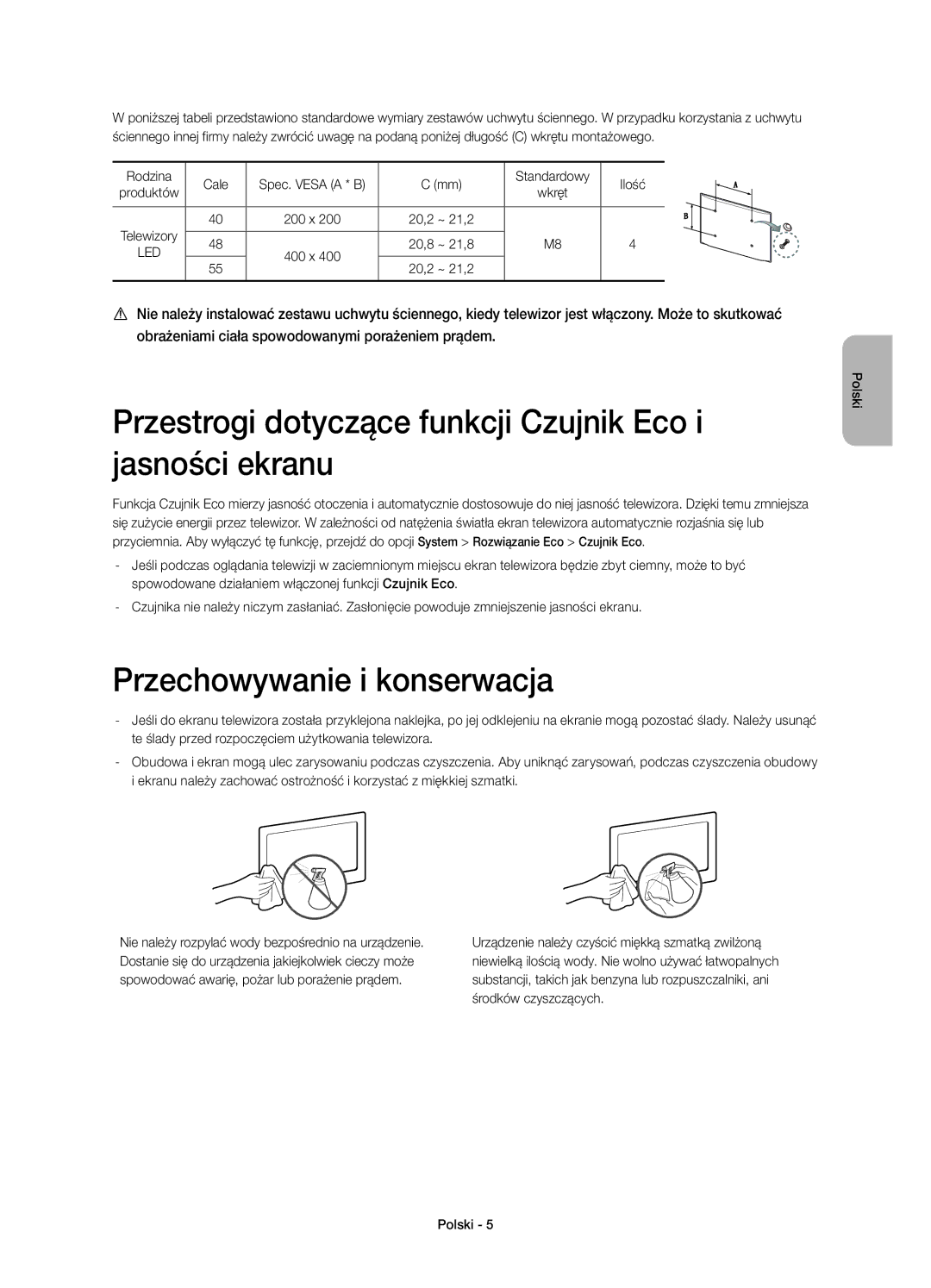 Samsung UE55H6500SLXXC manual Przestrogi dotyczące funkcji Czujnik Eco i jasności ekranu, Przechowywanie i konserwacja 