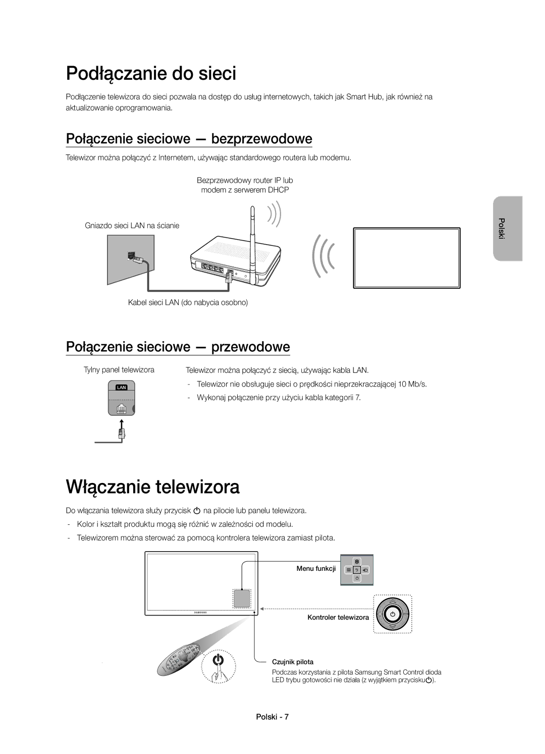 Samsung UE55H6670STXXH, UE55H6700SLXXH manual Podłączanie do sieci, Włączanie telewizora, Połączenie sieciowe bezprzewodowe 