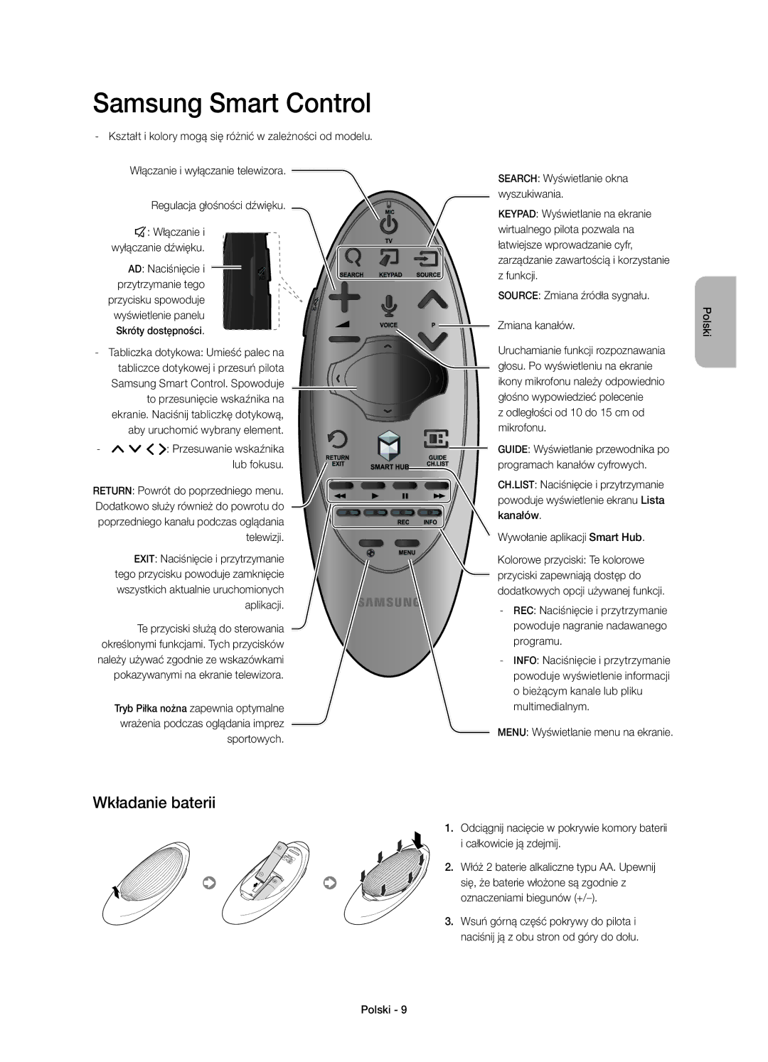 Samsung UE48H6670STXXH manual Wkładanie baterii, Odległości od 10 do 15 cm od mikrofonu, Wywołanie aplikacji Smart Hub 