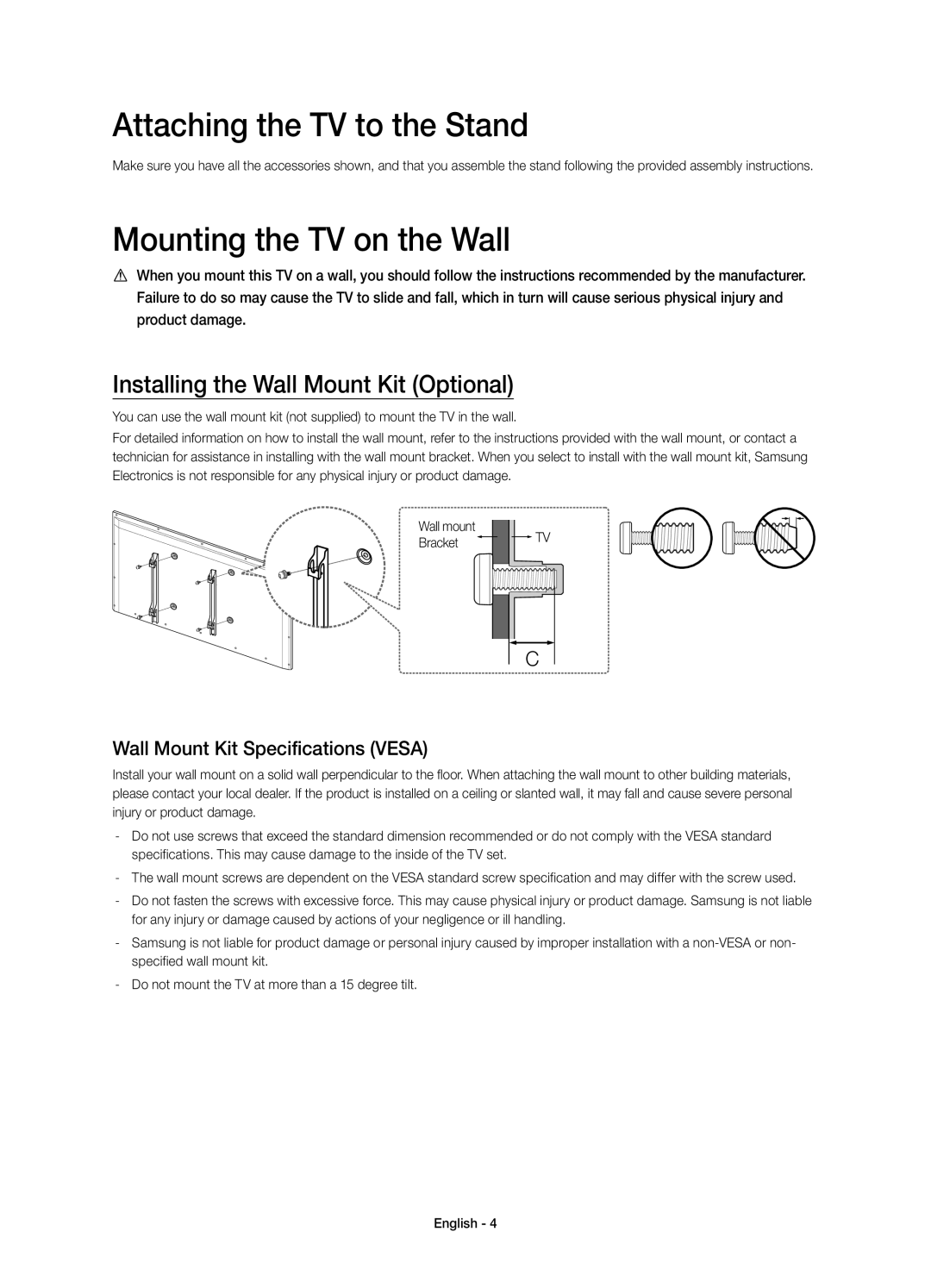 Samsung UE40H6650SLXXH Attaching the TV to the Stand, Mounting the TV on the Wall, Installing the Wall Mount Kit Optional 