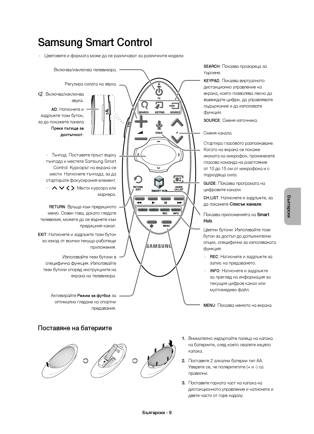 Samsung UE48H6500SLXXN Поставяне на батериите, Guide Показва програмата на цифровите канали, Menu Показва менюто на екрана 