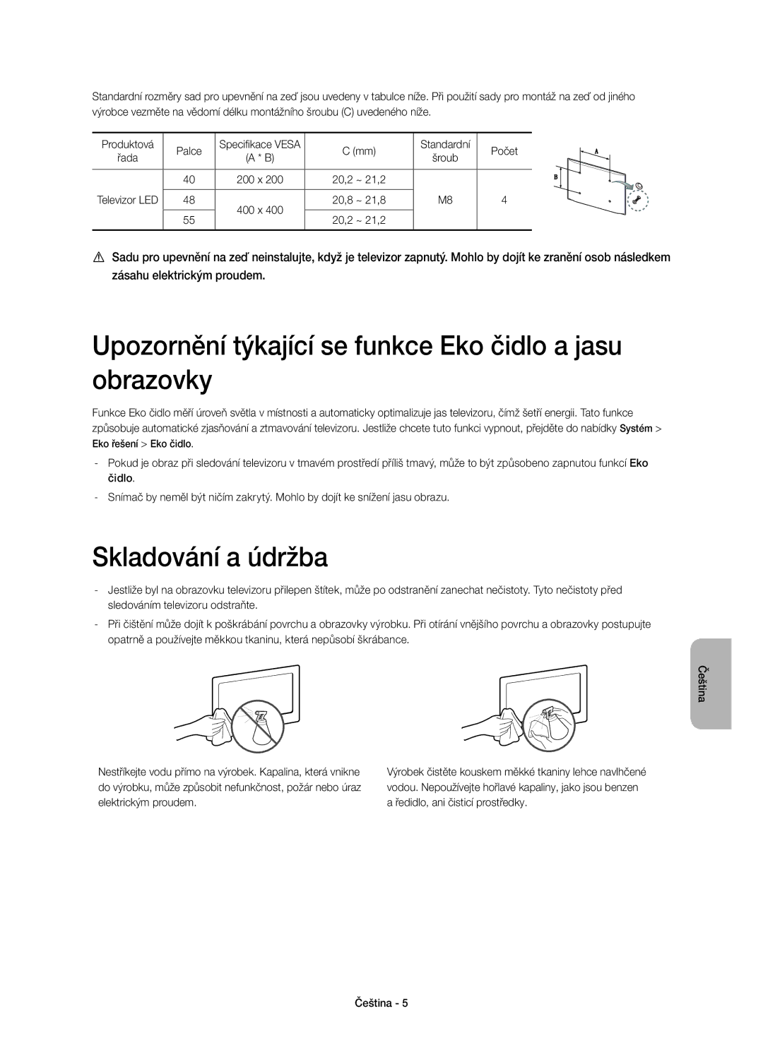 Samsung UE48H6500SLXXH Upozornění týkající se funkce Eko čidlo a jasu obrazovky, Skladování a údržba, Standardní Počet 