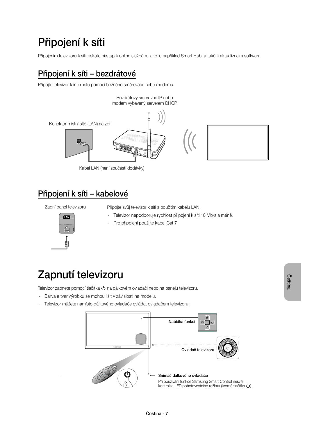 Samsung UE48H6500SLXZF, UE55H6700SLXXH manual Zapnutí televizoru, Připojení k síti bezdrátové, Připojení k síti kabelové 