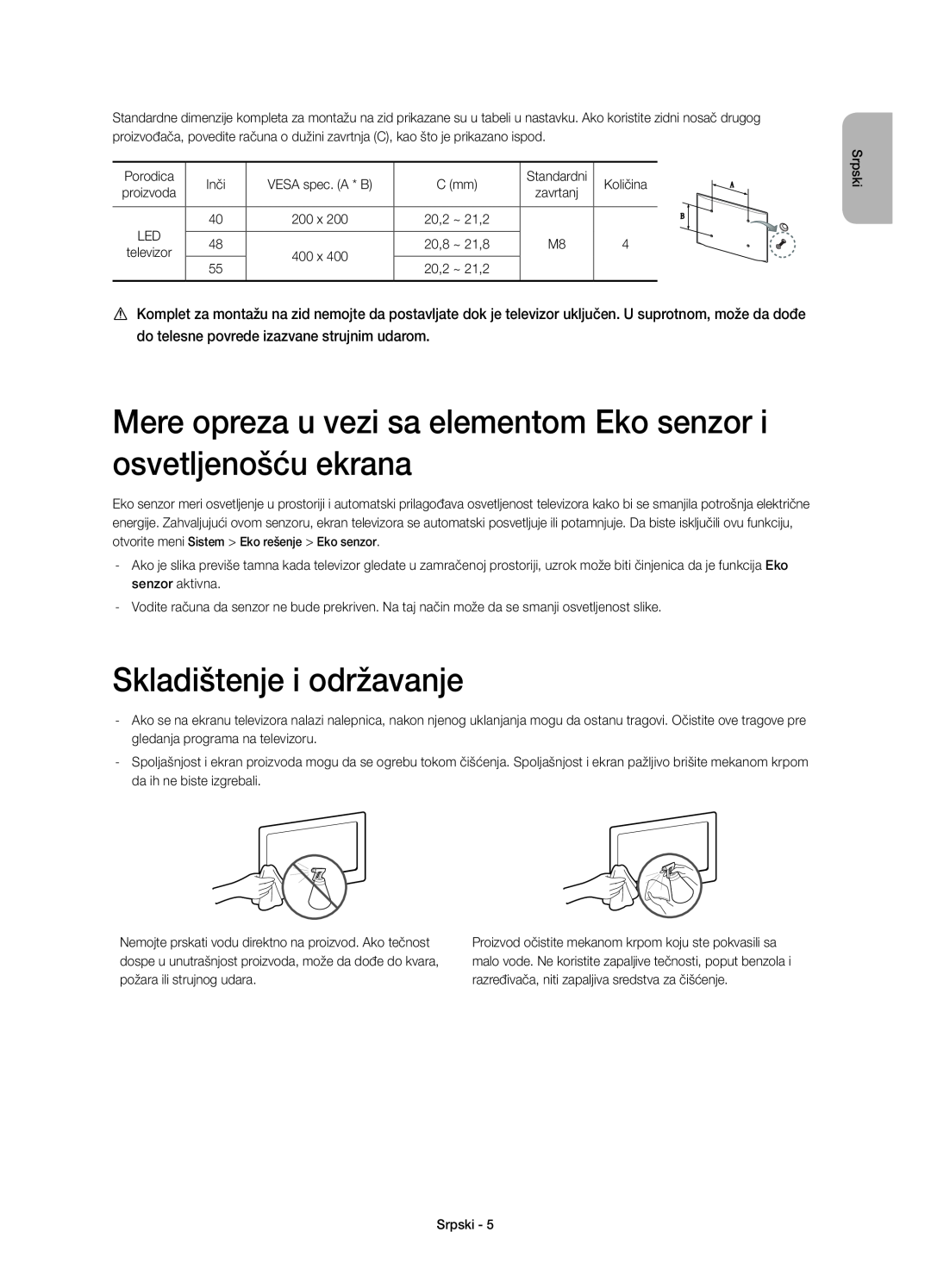 Samsung UE48H6640SLXXN manual Mere opreza u vezi sa elementom Eko senzor i osvetljenošću ekrana, Skladištenje i održavanje 