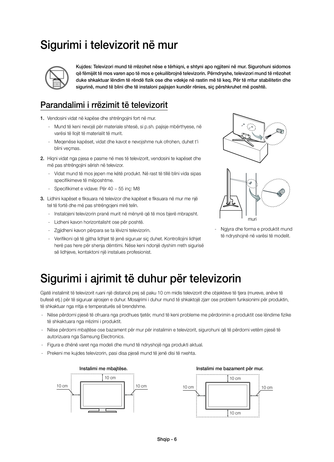 Samsung UE55H6700SLXXN, UE55H6700SLXXH manual Sigurimi i televizorit në mur, Sigurimi i ajrimit të duhur për televizorin 