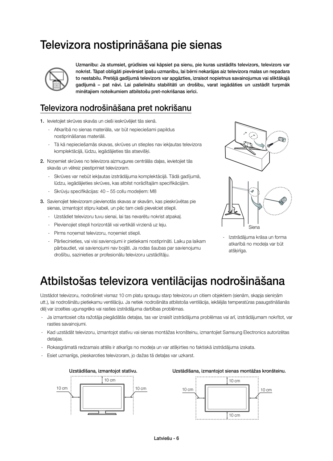 Samsung UE55H6640SLXXC manual Televizora nostiprināšana pie sienas, Atbilstošas televizora ventilācijas nodrošināšana 