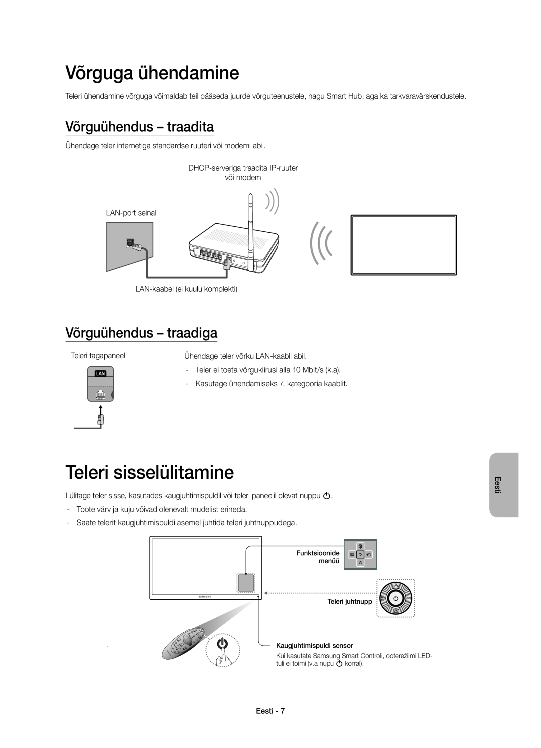 Samsung UE55H6650SLXXN manual Võrguga ühendamine, Teleri sisselülitamine, Võrguühendus - traadita, Võrguühendus - traadiga 