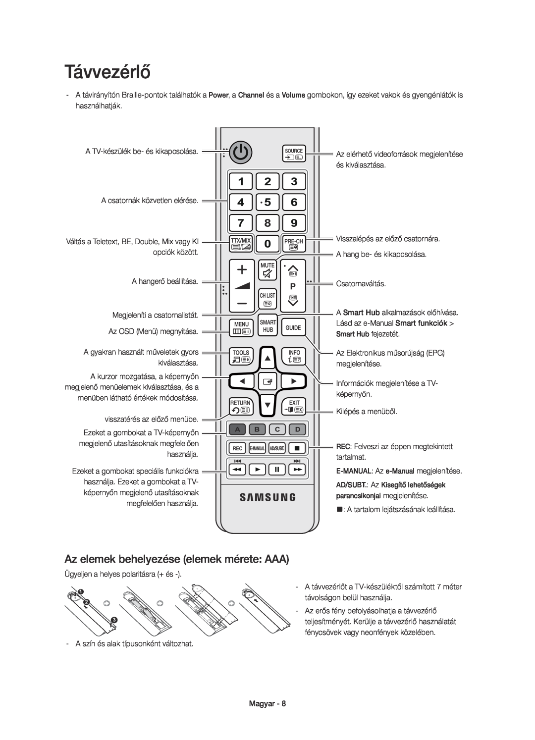 Samsung UE55H6500SLXZF manual Az elemek behelyezése elemek mérete AAA, Lásd az e-Manual Smart funkciók, Smart Hub fejezetét 