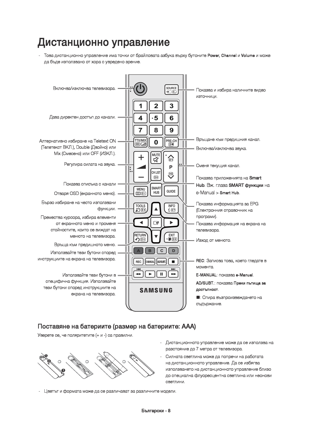 Samsung UE48H6650SLXXH manual Дистанционно управление, Поставяне на батериите размер на батериите AAA, e-Manual Smart Hub 