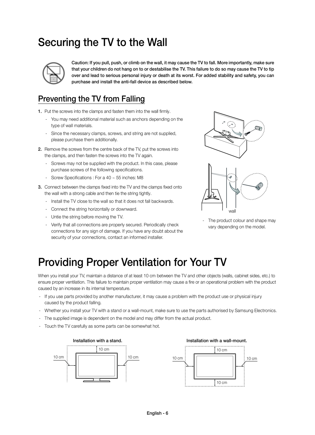 Samsung UE40H6700SLXXH, UE55H6700SLXXH manual Securing the TV to the Wall, Providing Proper Ventilation for Your TV 