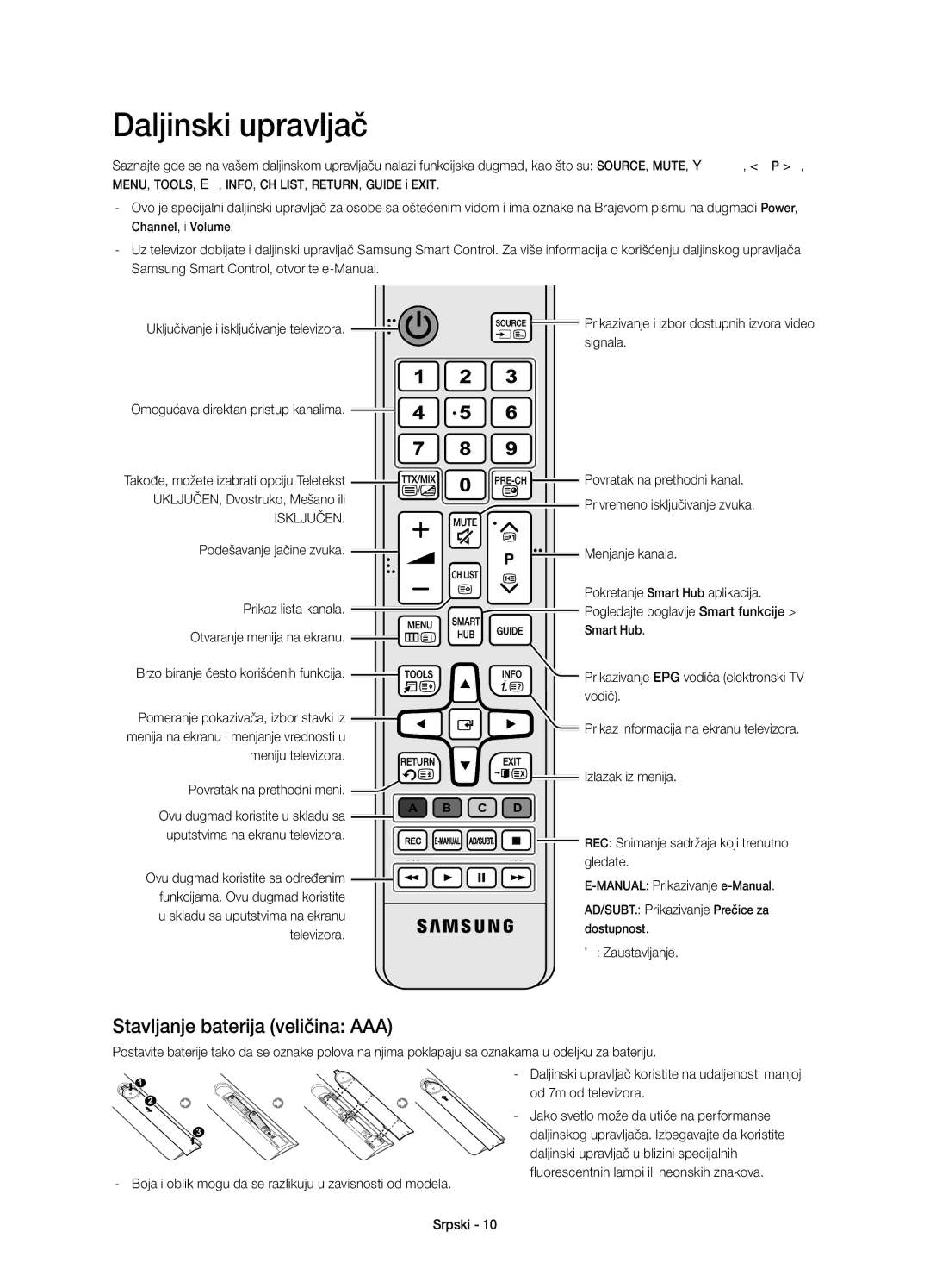 Samsung UE55H6850AWXXH, UE48H6850AWXXH, UE55H6850AWXZF, UE48H6850AWXZF, UE48H6850AWXXC manual Stavljanje baterija veličina AAA 