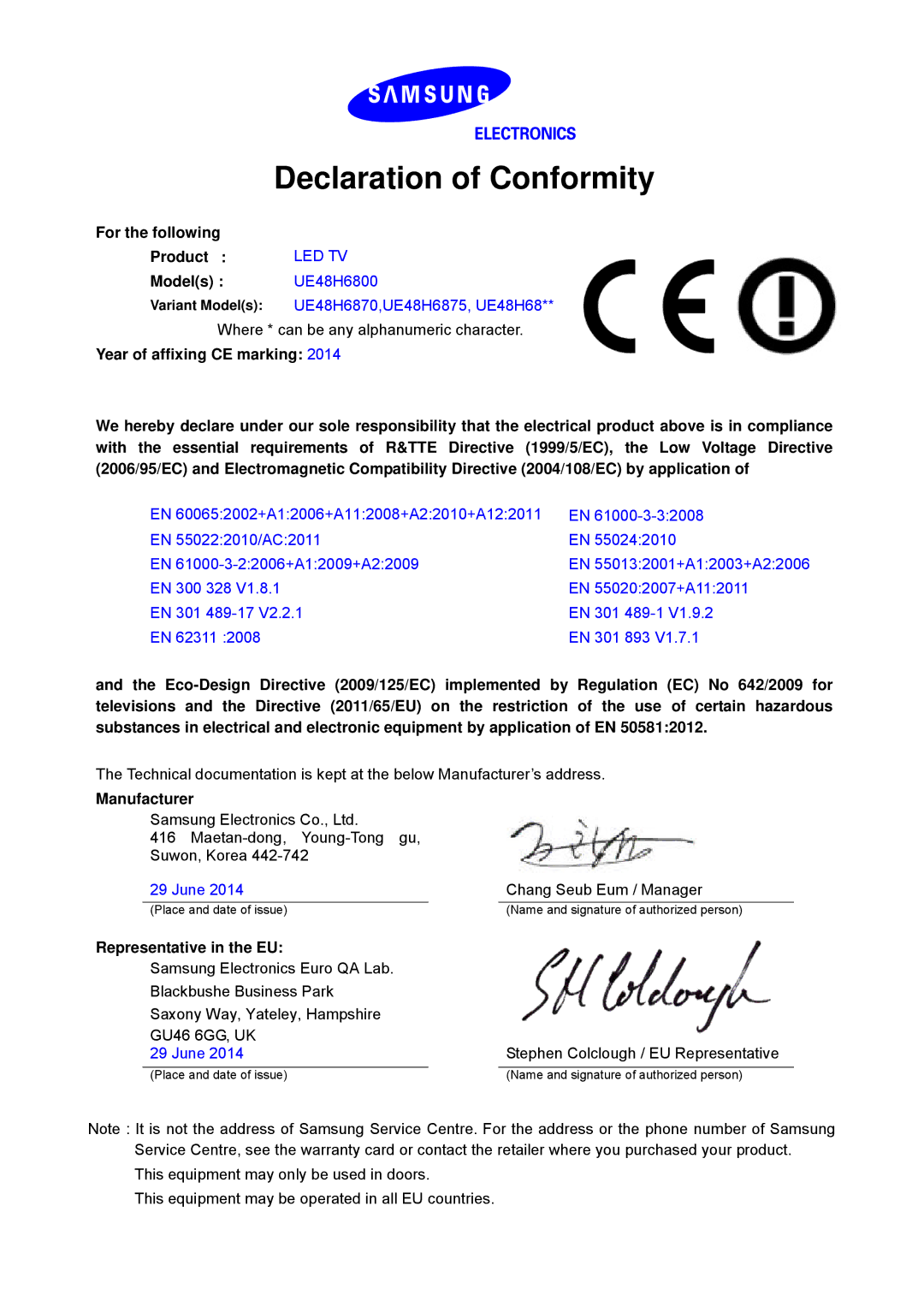 Samsung UE48H6890SSXZG, UE55H6850AWXXH manual Declaration of Conformity, Led Tv, UE48H6800, UE48H6870,UE48H6875, UE48H68 