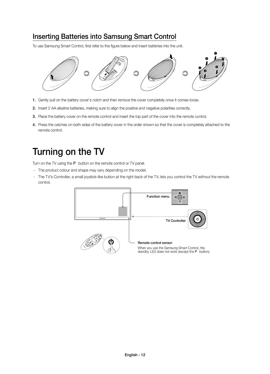 Samsung UE55H6850AYXZT manual Turning on the TV, Inserting Batteries into Samsung Smart Control 