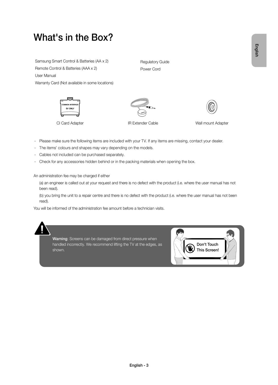 Samsung UE55H6850AYXZT manual Whats in the Box?, Regulatory Guide Power Cord IR Extender Cable 