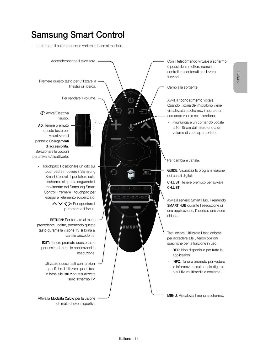 Samsung UE55H6850AYXZT manual Per regolare il volume ¢ Attiva/Disattiva laudio, Touchpad Posizionare un dito sul 