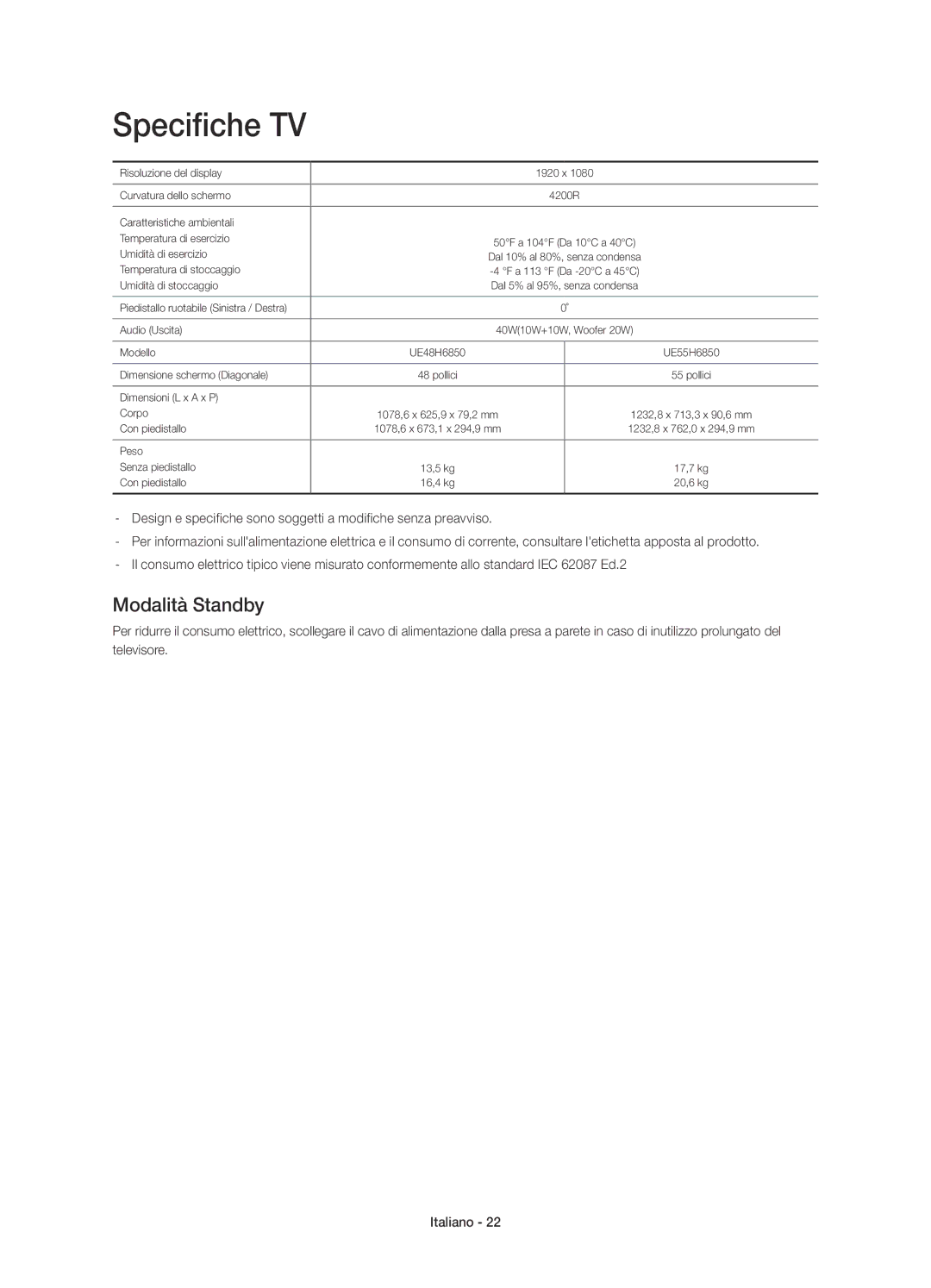 Samsung UE55H6850AYXZT manual Specifiche TV, Modalità Standby 