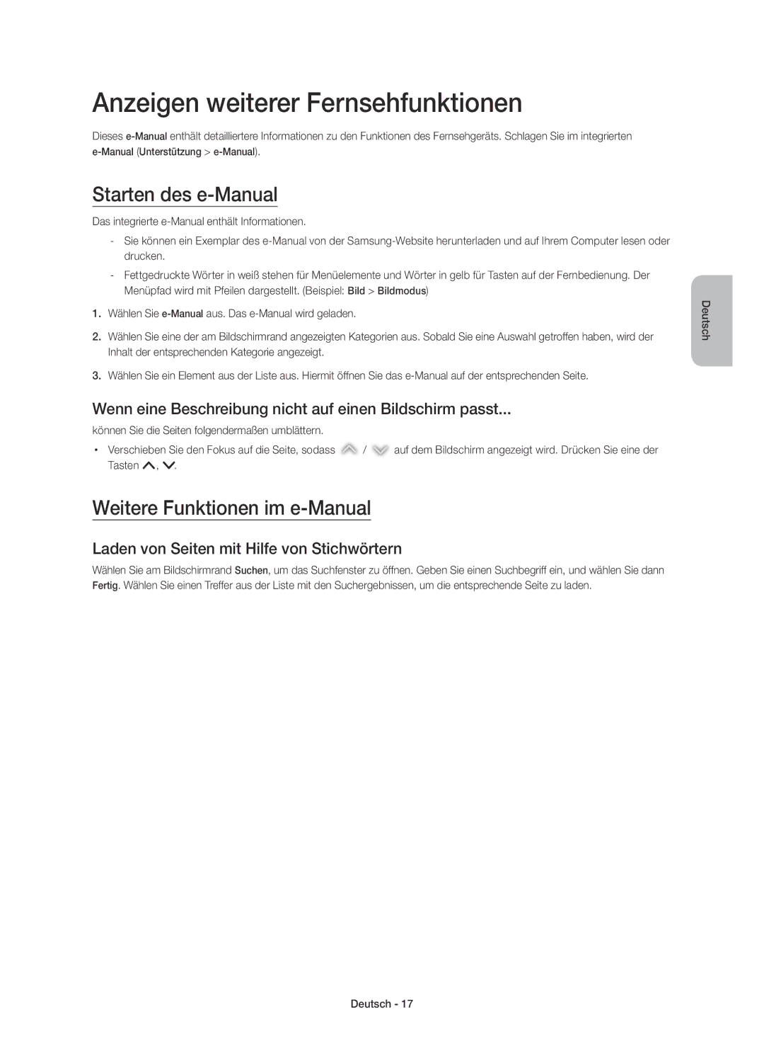 Samsung UE55H6850AYXZT manual Anzeigen weiterer Fernsehfunktionen, Starten des e-Manual, Weitere Funktionen im e-Manual 