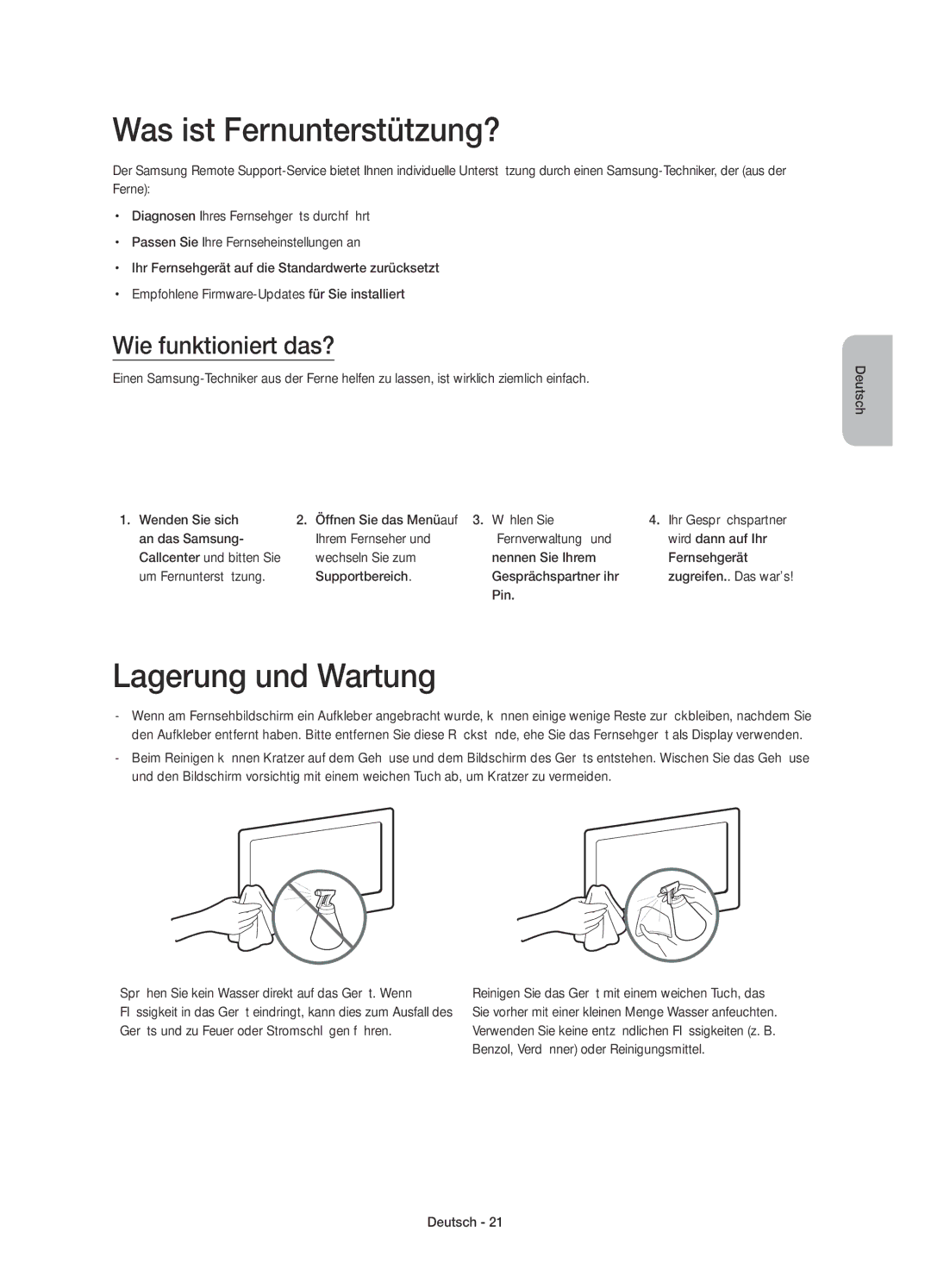 Samsung UE55H6850AYXZT manual Was ist Fernunterstützung?, Lagerung und Wartung, Wie funktioniert das?, Pin 