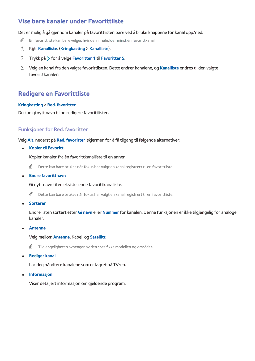 Samsung UE55H6875SUXXE Vise bare kanaler under Favorittliste, Redigere en Favorittliste, Funksjoner for Red. favoritter 