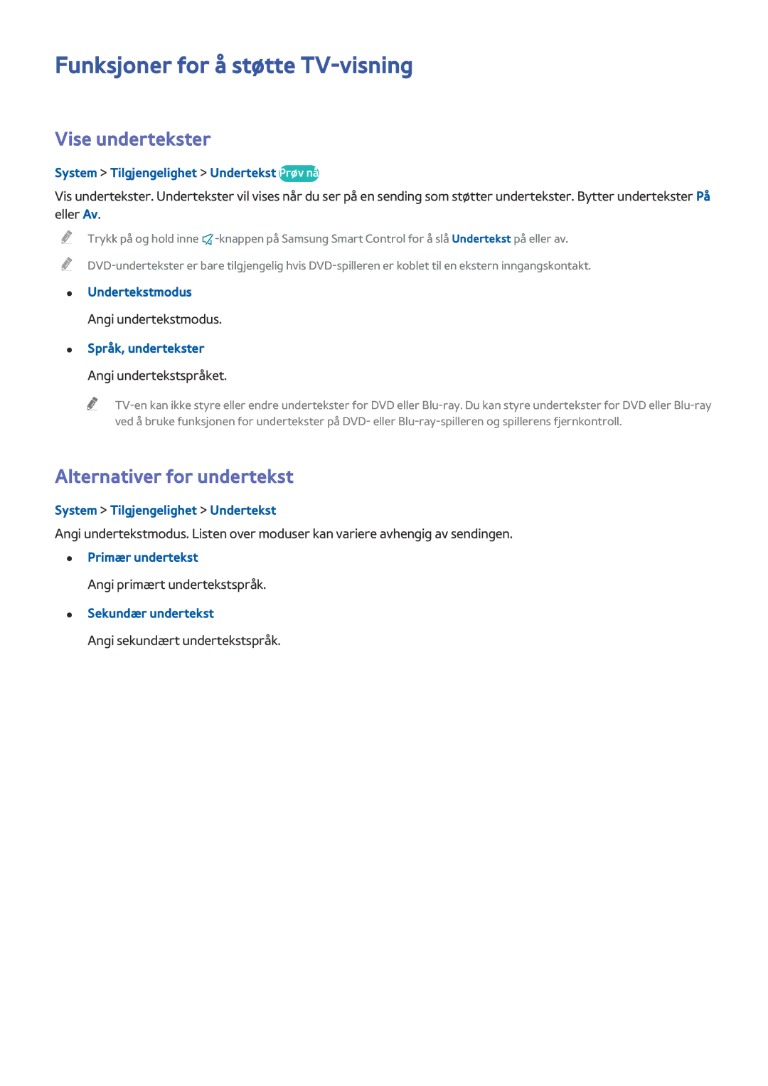 Samsung UE48H5515AKXXE, UE55H6875SUXXE Funksjoner for å støtte TV-visning, Vise undertekster, Alternativer for undertekst 