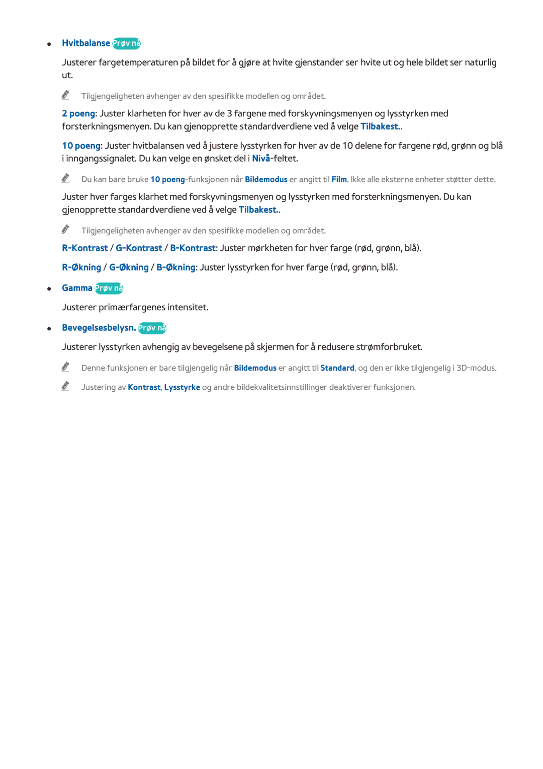 Samsung UE40H6705STXXE, UE55H6875SUXXE, UE48H6895SUXXE, UE55H6895SUXXE manual Hvitbalanse Prøv nå, Bevegelsesbelysn. Prøv nå 