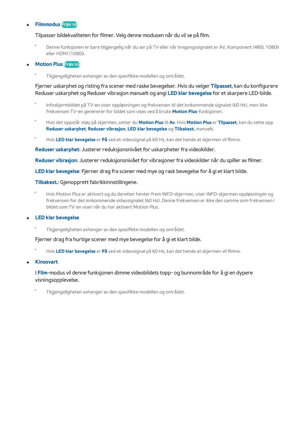 Samsung UE40H5515AKXXE, UE55H6875SUXXE manual Filmmodus Prøv nå, Motion Plus Prøv nå, LED klar bevegelse, Kinosvart 