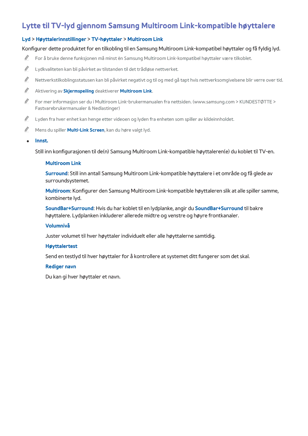 Samsung UE48H6875SUXXE Lyd Høyttalerinnstillinger TV-høyttaler Multiroom Link, Volumnivå, Høyttalertest, Rediger navn 