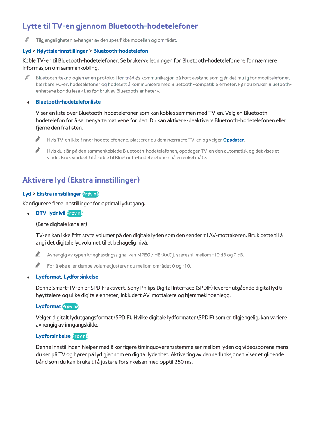 Samsung UE55H6875SUXXE, UE48H6895SUXXE Lytte til TV-en gjennom Bluetooth-hodetelefoner, Aktivere lyd Ekstra innstillinger 