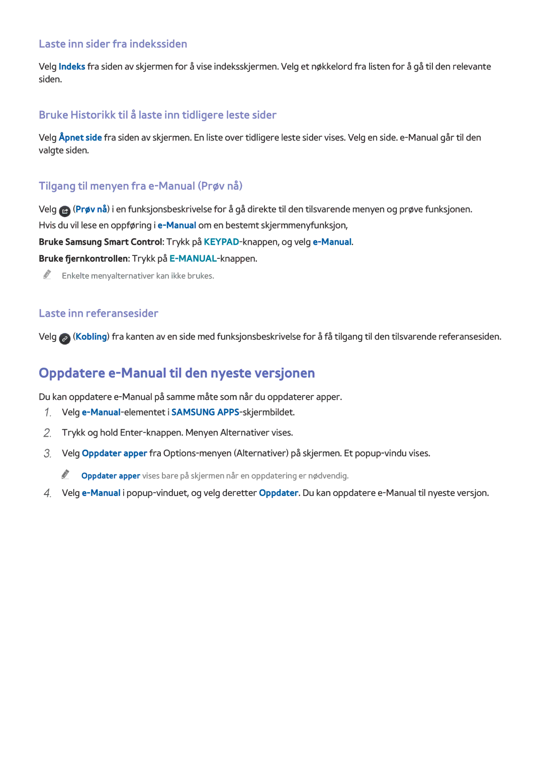 Samsung UE48H6895SUXXE, UE55H6875SUXXE manual Oppdatere e-Manual til den nyeste versjonen, Laste inn sider fra indekssiden 