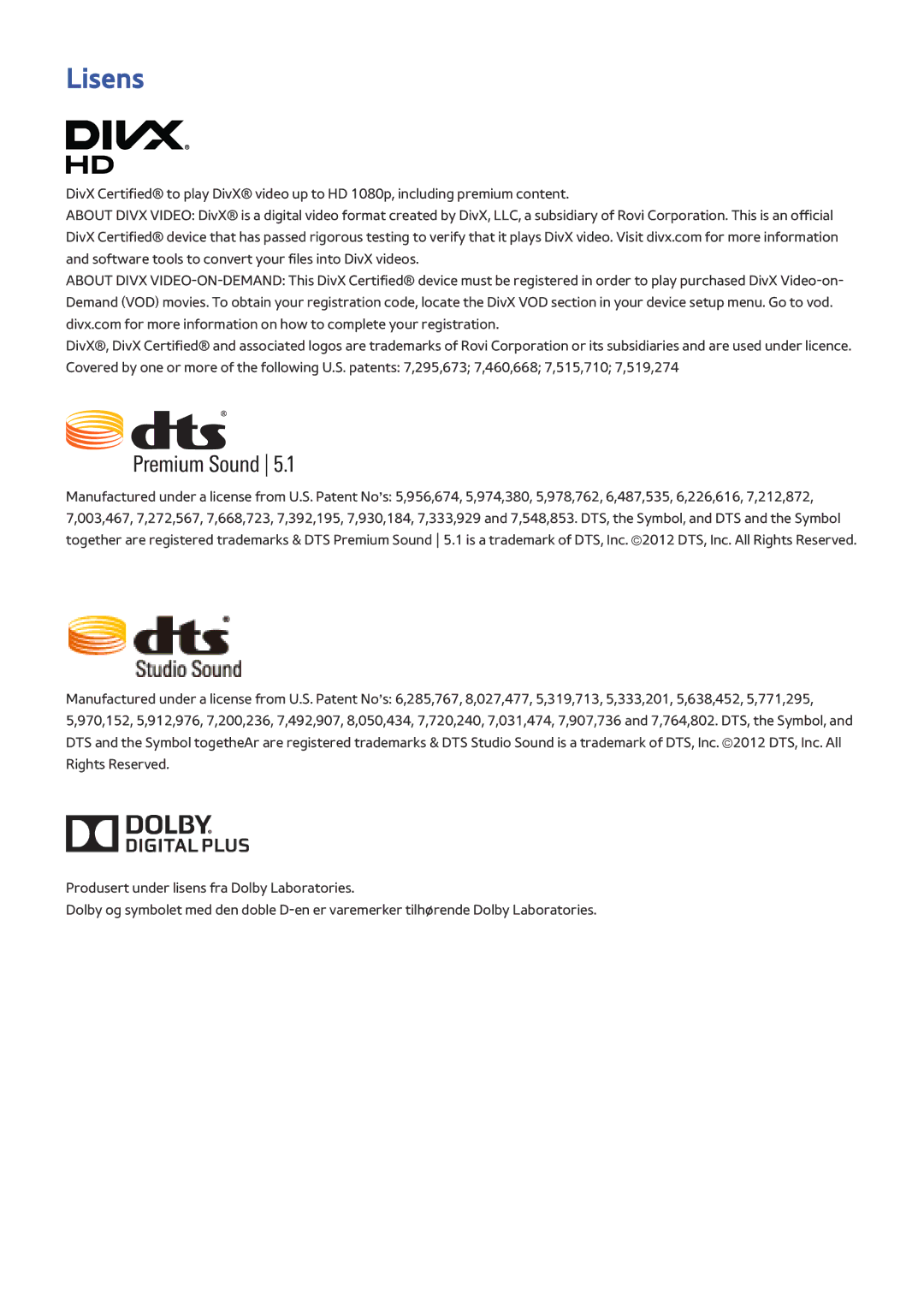 Samsung UE40H5515AKXXE, UE55H6875SUXXE, UE48H6895SUXXE, UE55H6895SUXXE, UE40H6705STXXE, UE48H6705STXXE, UE48H5515AKXXE Lisens 