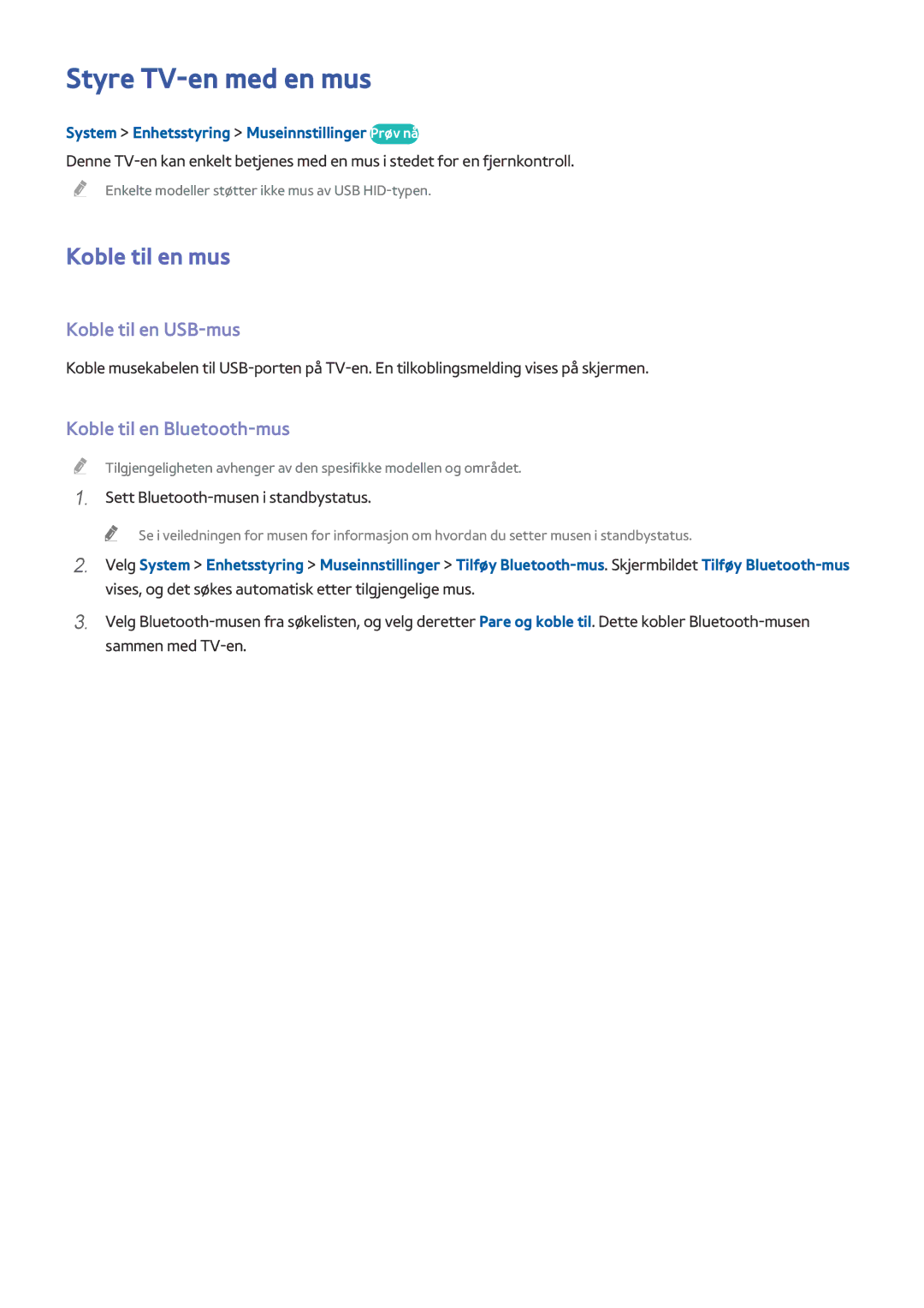 Samsung UE40H5515AKXXE manual Styre TV-en med en mus, Koble til en mus, Koble til en USB-mus, Koble til en Bluetooth-mus 