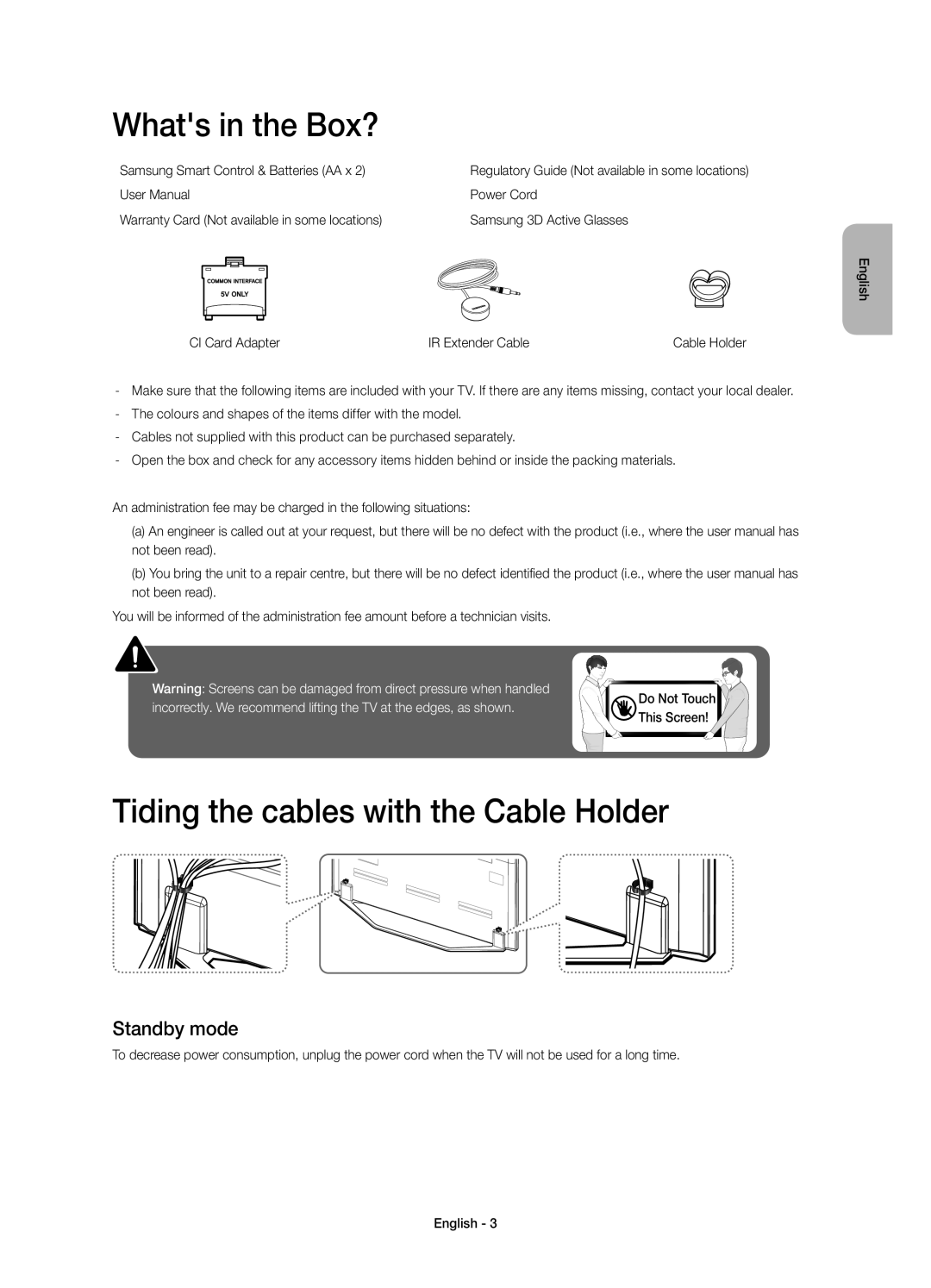 Samsung UE40H7000ATXMS, UE55H7000ATXRU manual Whats in the Box?, Tiding the cables with the Cable Holder, Standby mode 