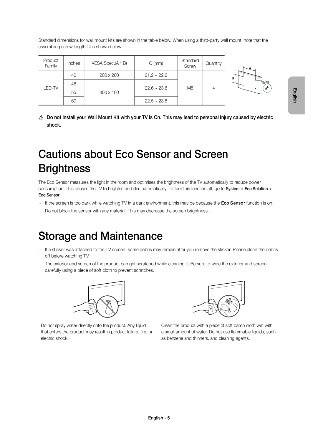 Samsung UE60H7000ATXMS, UE55H7000ATXRU, UE55H7000ATXUZ, UE60H7000ATXUZ, UE46H7000ATXUZ Brightness, Storage and Maintenance 