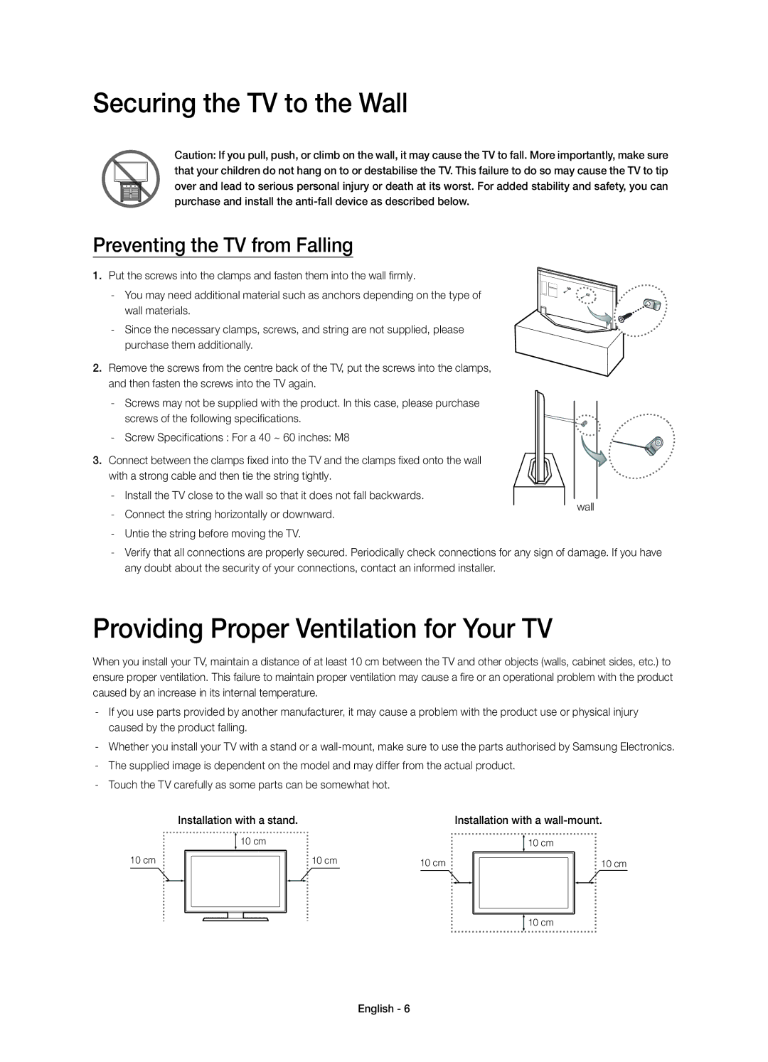 Samsung UE60H7000ATXRU, UE55H7000ATXRU manual Securing the TV to the Wall, Providing Proper Ventilation for Your TV 