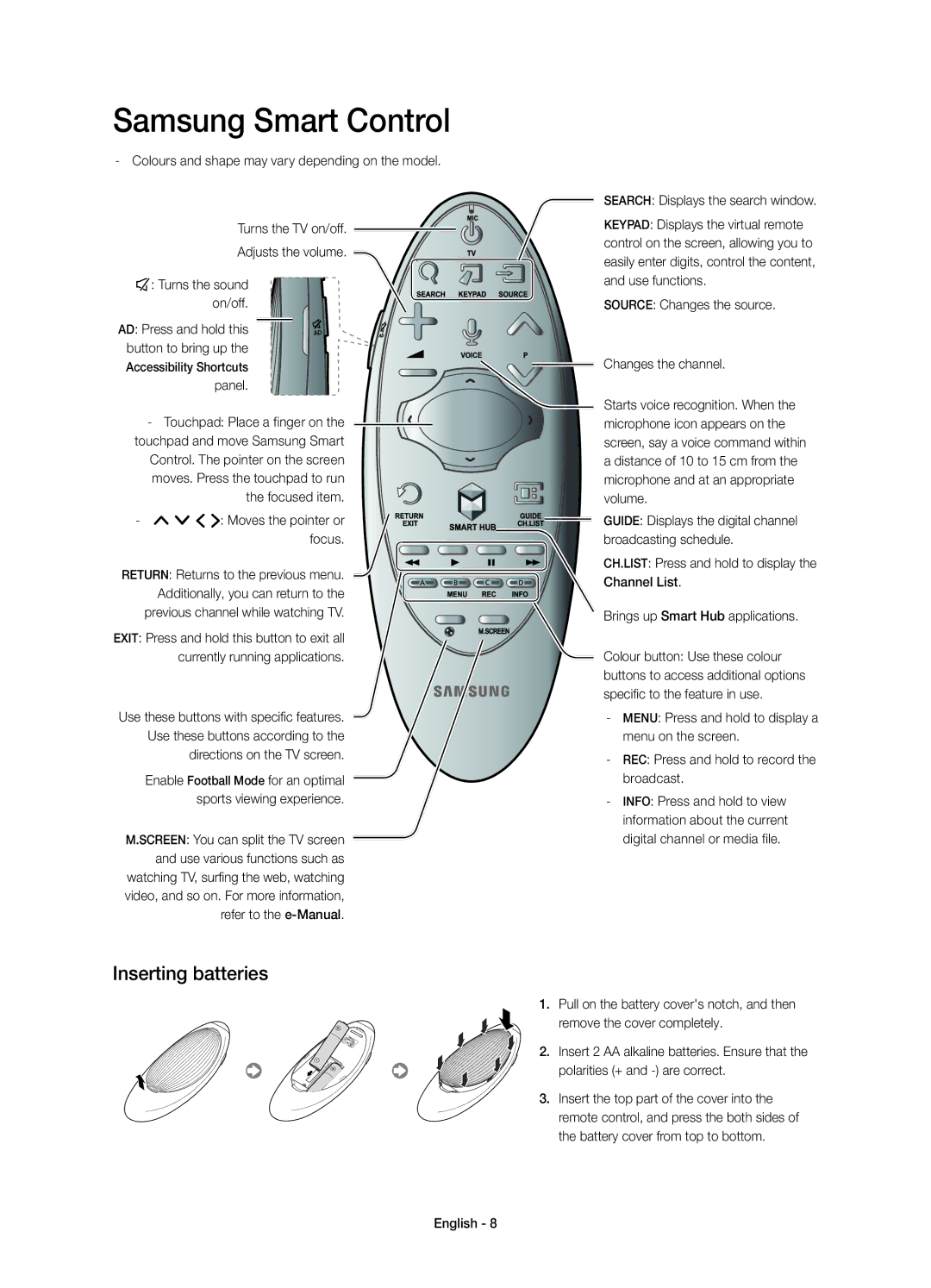 Samsung UE46H7000ATXMS, UE55H7000ATXRU, UE55H7000ATXUZ manual Inserting batteries, Search Displays the search window 