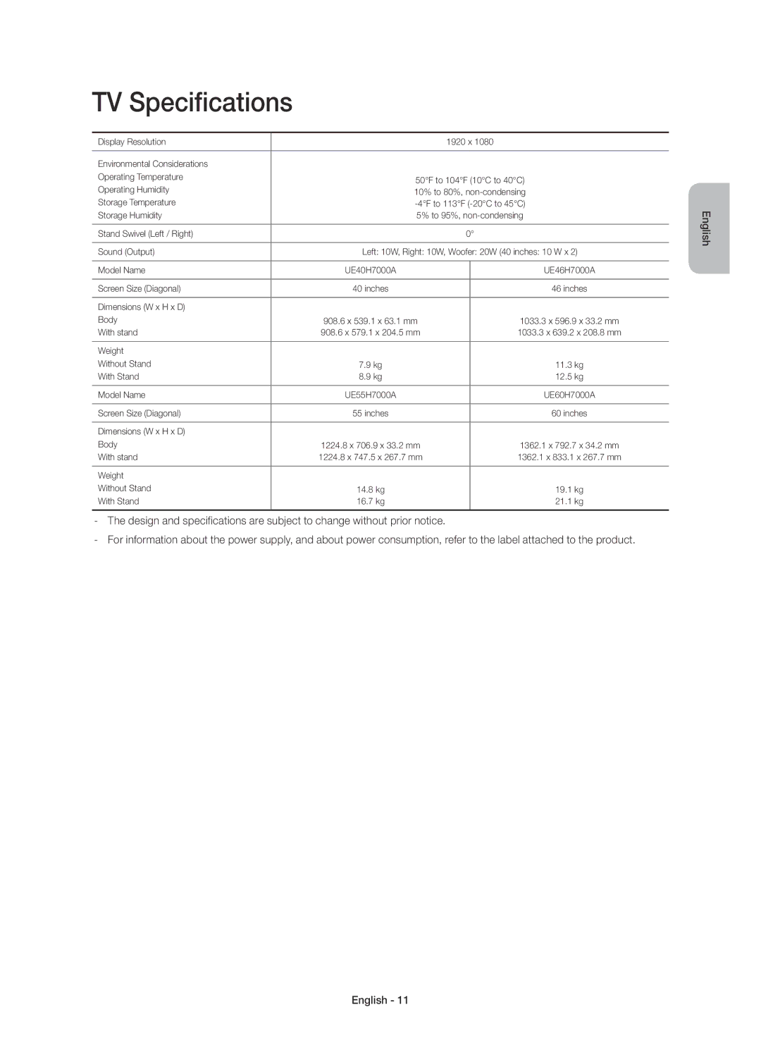 Samsung UE55H7000ATXUZ, UE55H7000ATXRU, UE60H7000ATXUZ, UE46H7000ATXUZ, UE40H7000ATXMS, UE46H7000ATXRU manual TV Specifications 