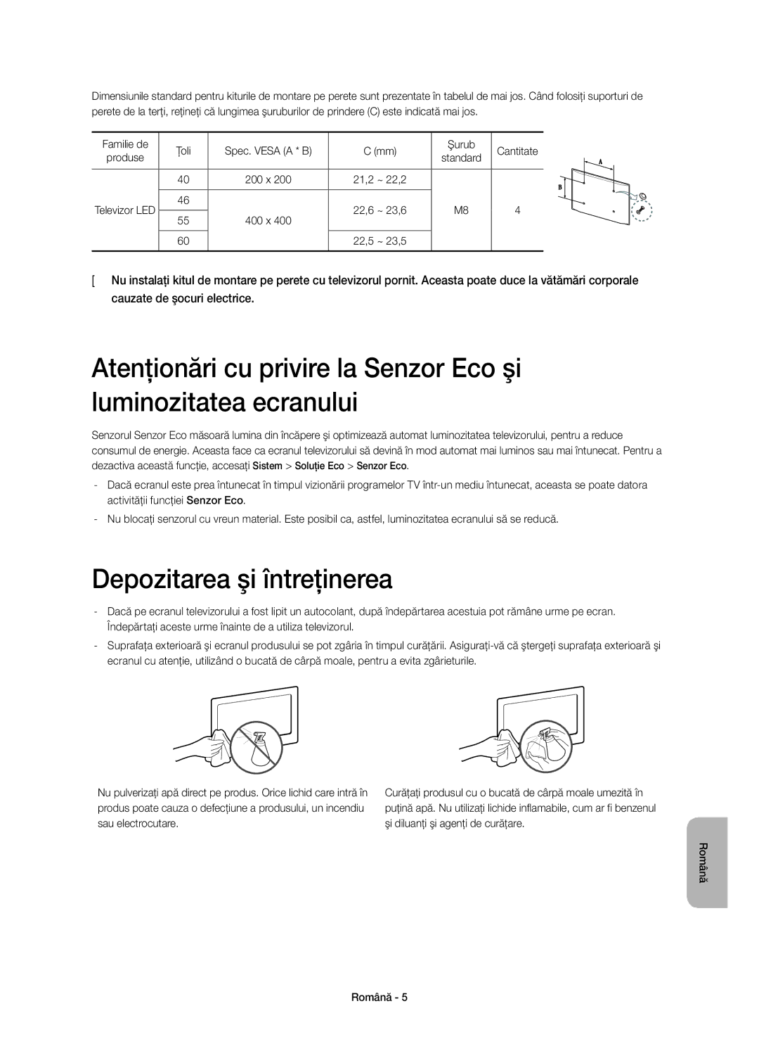 Samsung UE60H7000SLXZF, UE55H7000SLXXH, UE40H7000SLXXH, UE46H7000SLXXH, UE46H7000SLXZF manual Depozitarea şi întreţinerea 