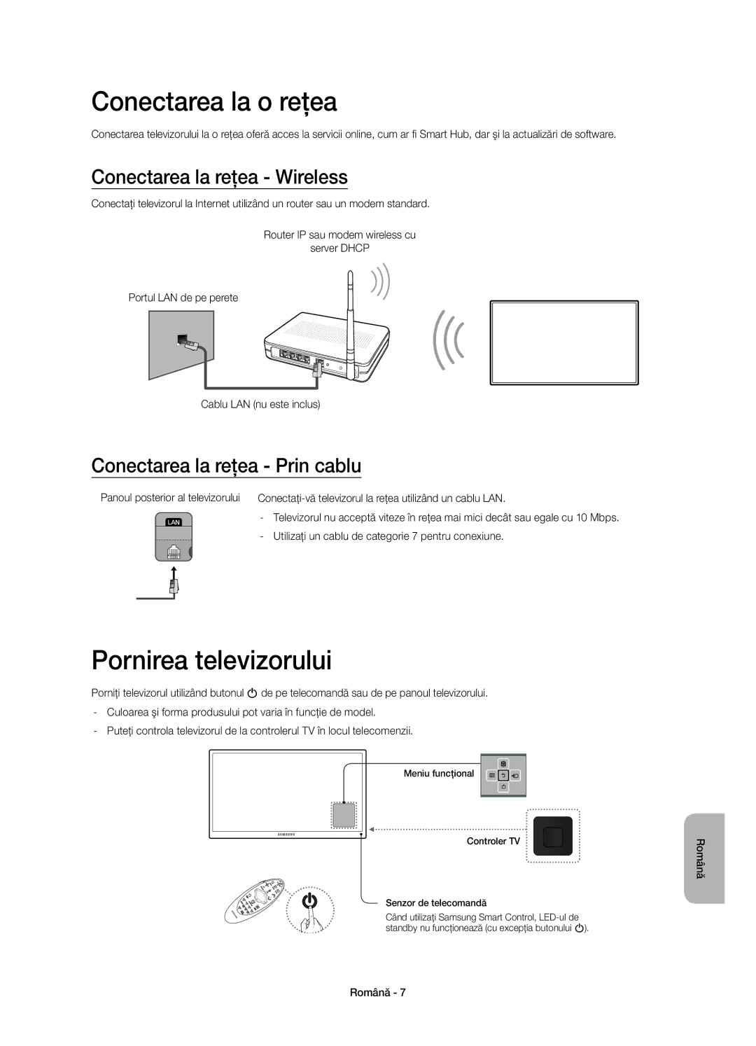 Samsung UE46H7000SLXXN, UE55H7000SLXXH manual Conectarea la o reţea, Pornirea televizorului, Conectarea la reţea Wireless 