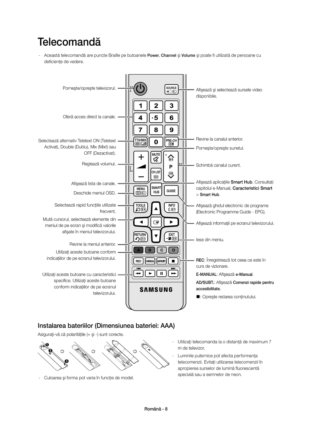 Samsung UE46H7000SLXXC manual OFF Dezactivat Reglează volumul, Afişate în meniul televizorului Revine la meniul anterior 