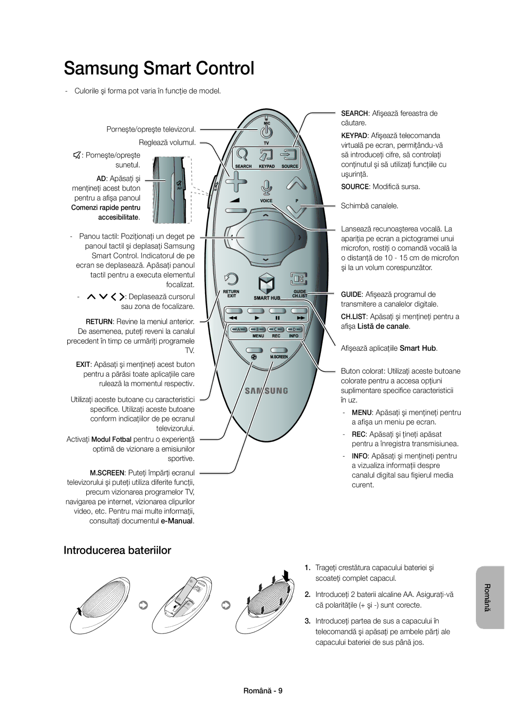 Samsung UE40H7000SLXXC, UE55H7000SLXXH manual Introducerea bateriilor, Culorile şi forma pot varia în funcţie de model 