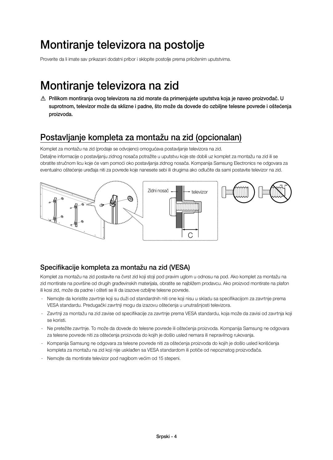 Samsung UE60H7000SLXXH manual Montiranje televizora na postolje, Postavljanje kompleta za montažu na zid opcionalan 