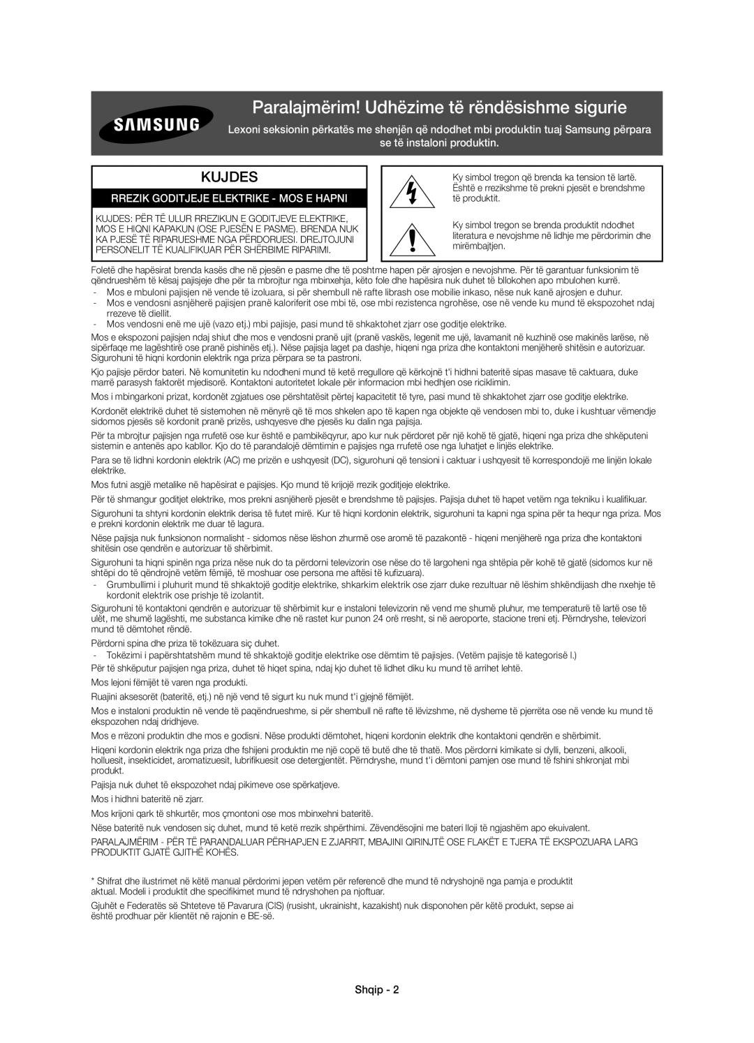 Samsung UE46H7000SLXXH manual Paralajmërim! Udhëzime të rëndësishme sigurie, Kujdes, Rrezik Goditjeje Elektrike MOS E Hapni 