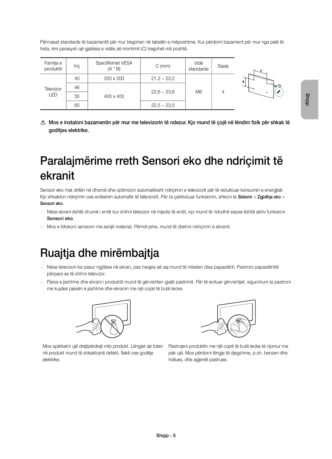 Samsung UE60H7000SLXZF manual Paralajmërime rreth Sensori eko dhe ndriçimit të ekranit, Ruajtja dhe mirëmbajtja, Inç 