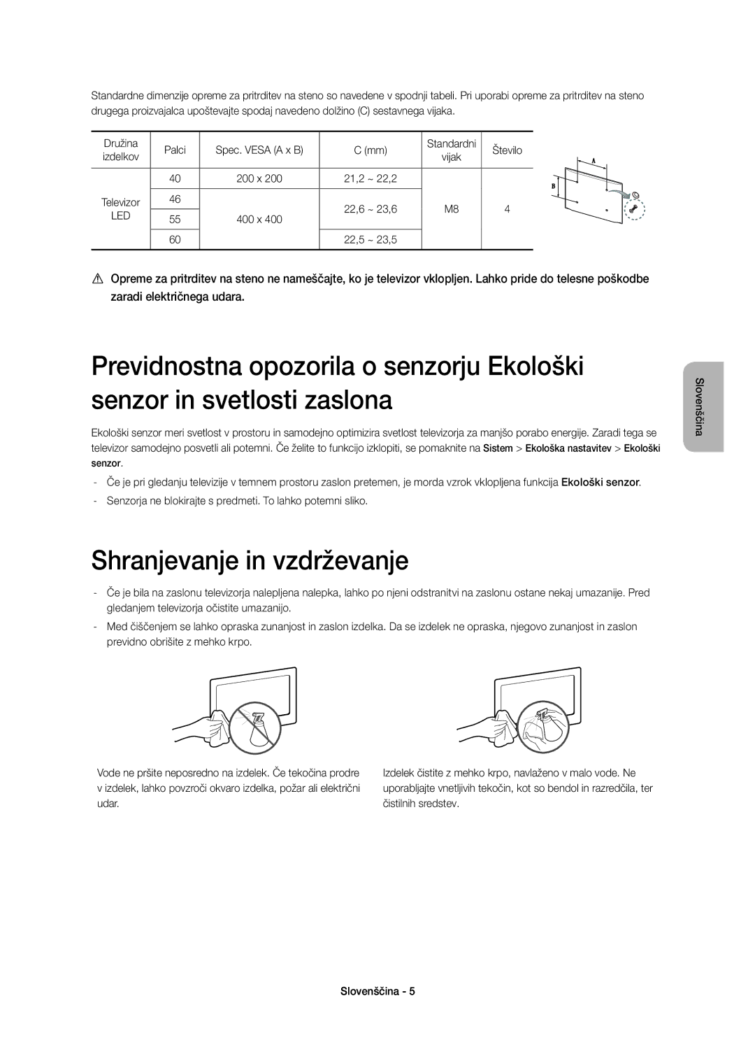 Samsung UE60H7000SLXZF, UE55H7000SLXXH, UE40H7000SLXXH, UE46H7000SLXXH, UE46H7000SLXZF Shranjevanje in vzdrževanje, 400 x 