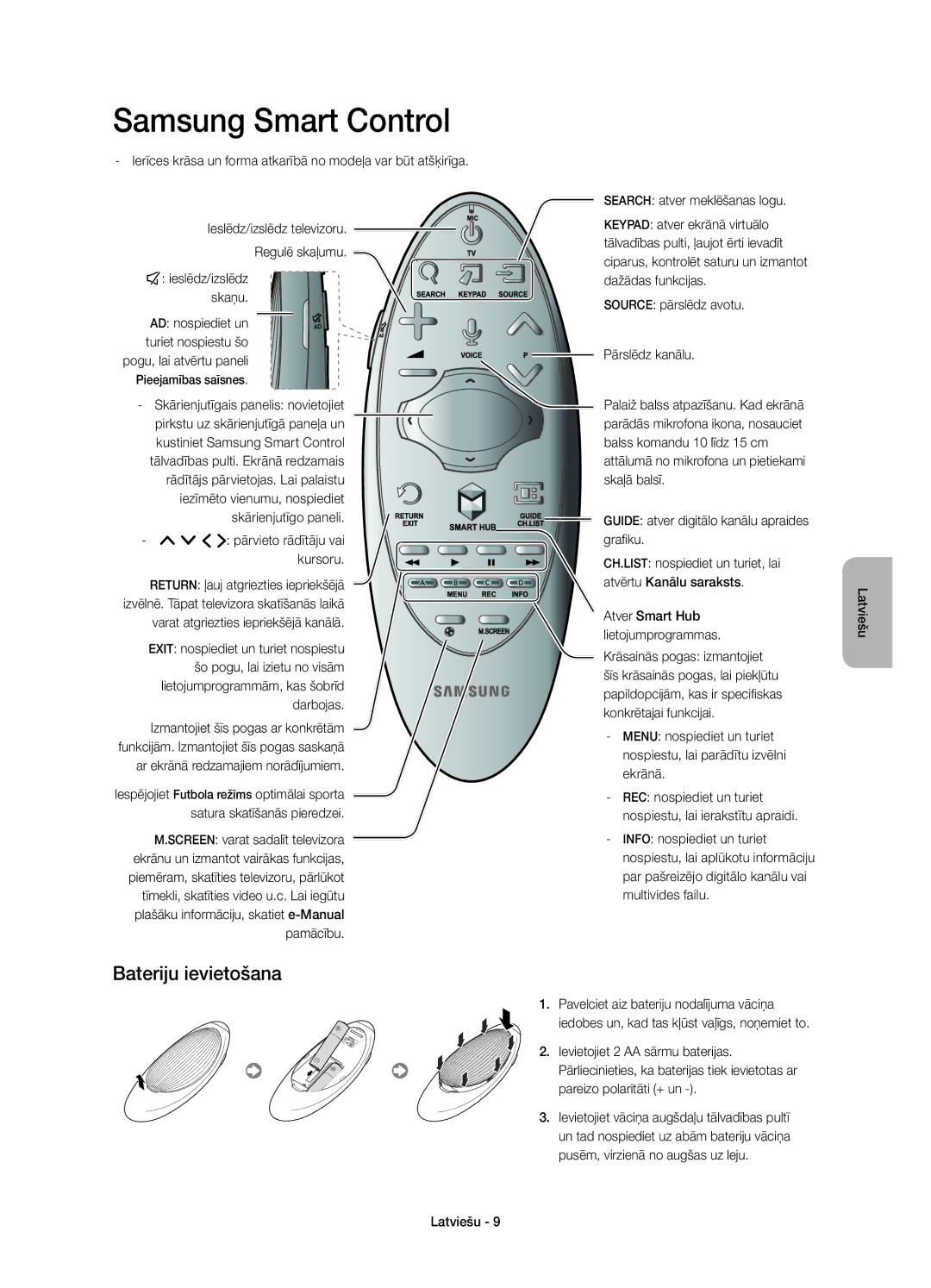 Samsung UE60H7000SLXXN manual Bateriju ievietošana, Skārienjutīgais panelis novietojiet, ¡ £ pārvieto rādītāju vai Kursoru 